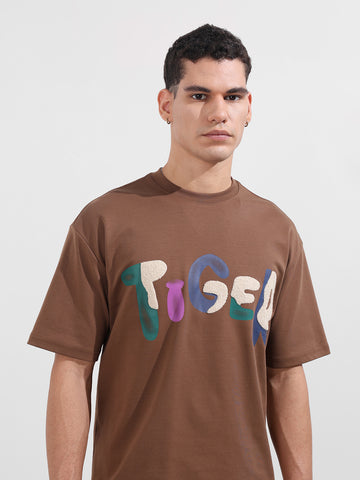 Men's Brown Relaxed Fit Embroided 240 GSM Casual T-Shirt