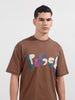 Men's Brown Relaxed Fit Embroided 240 GSM Casual T-Shirt