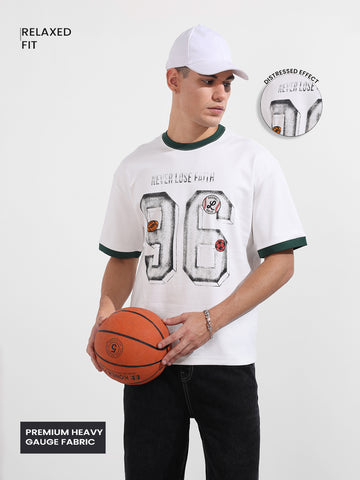 Men's White Relaxed Fit Graphic Printed 240 GSM Sport Wear T-Shirt