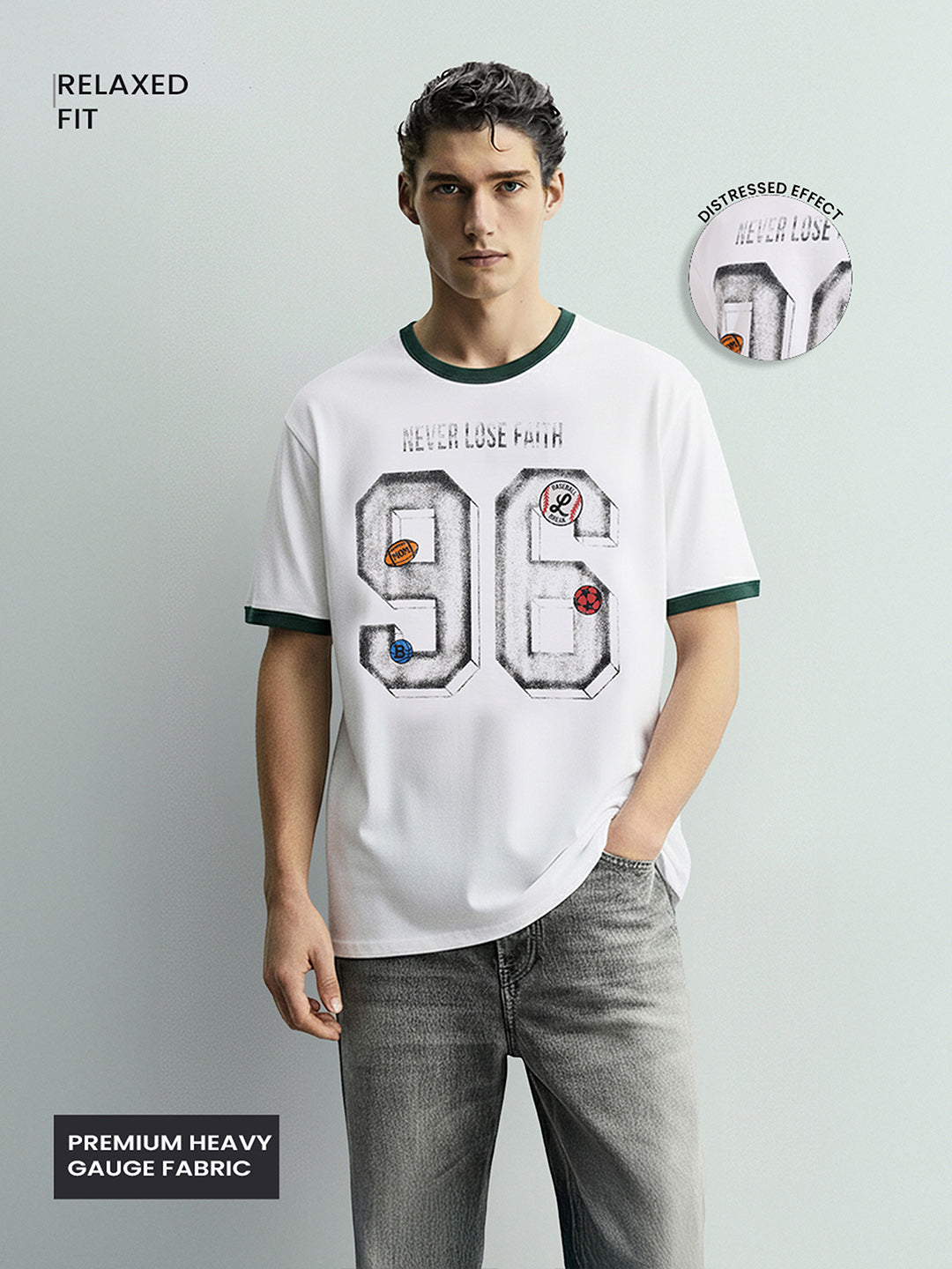 Men's White Relaxed Fit Graphic Printed 240 GSM Sport Wear T-Shirt