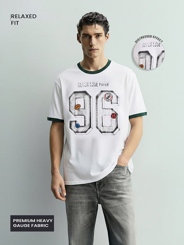 Men's White Relaxed Fit Graphic Printed 240 GSM Sport Wear T-Shirt
