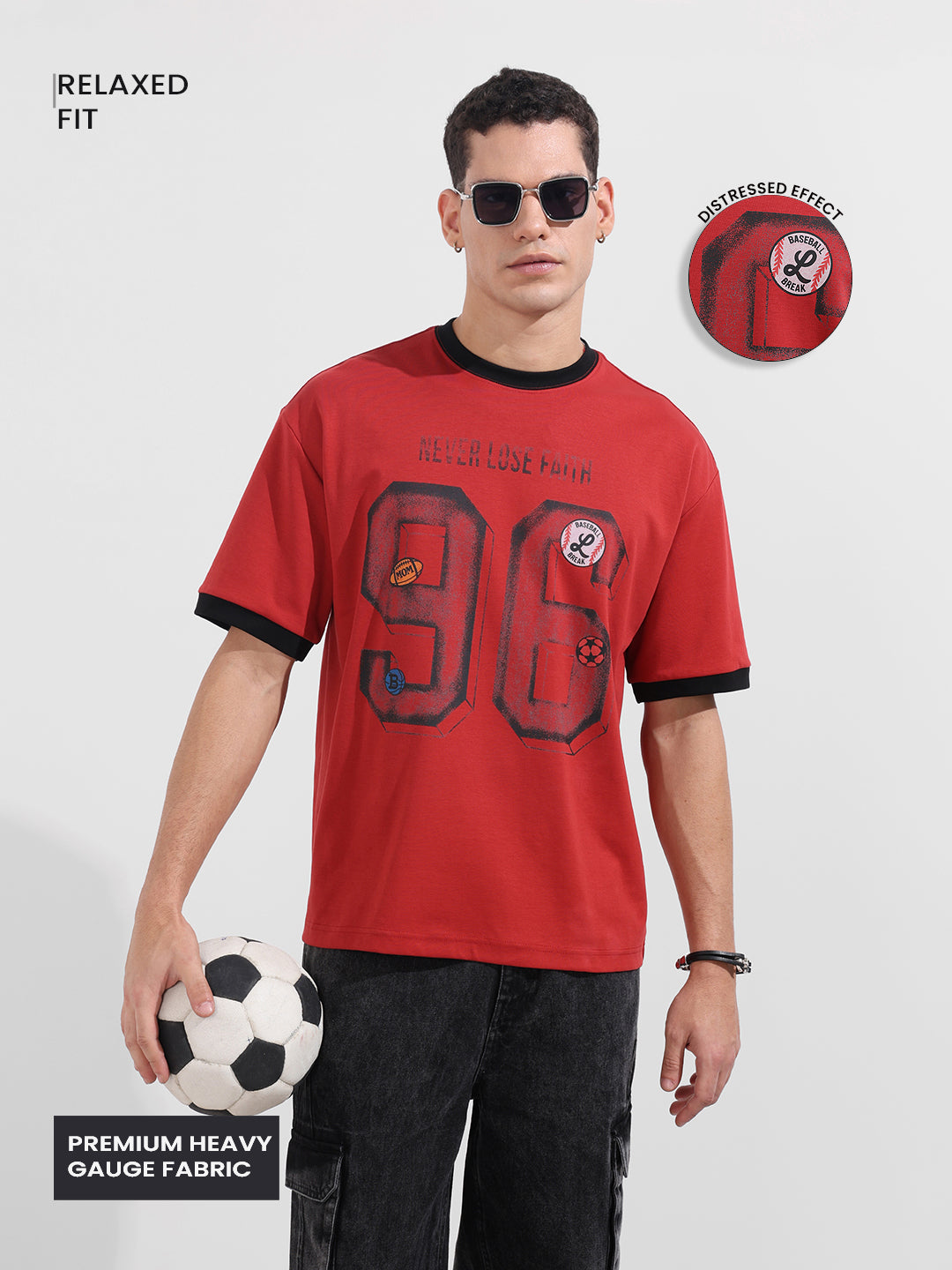 Men's Red Relaxed Fit Graphic Printed 240 GSM Sport Wear T-Shirt