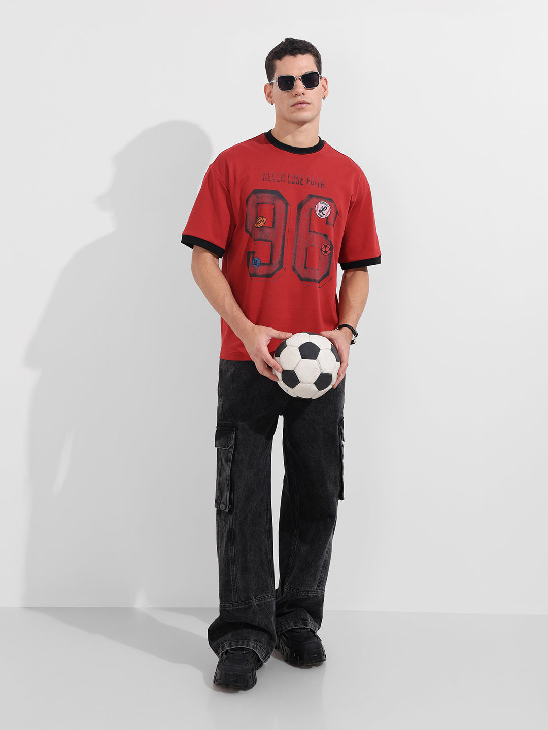 Men's Red Relaxed Fit Graphic Printed 240 GSM Sport Wear T-Shirt