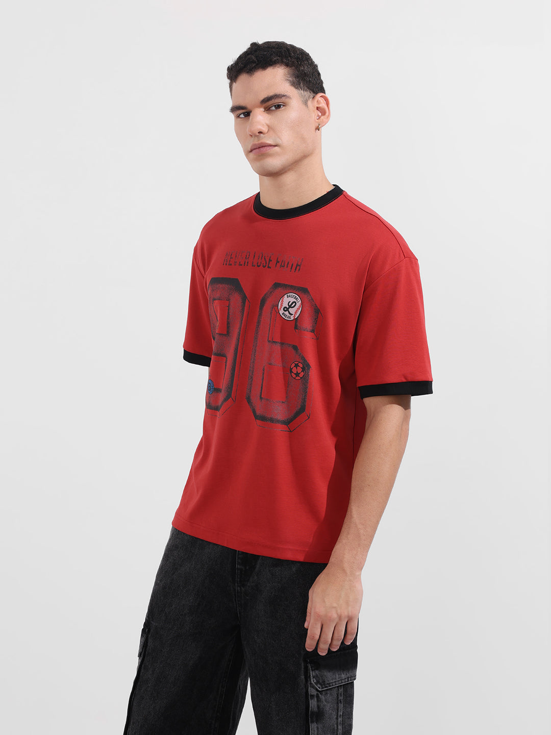 Men's Red Relaxed Fit Graphic Printed 240 GSM Sport Wear T-Shirt