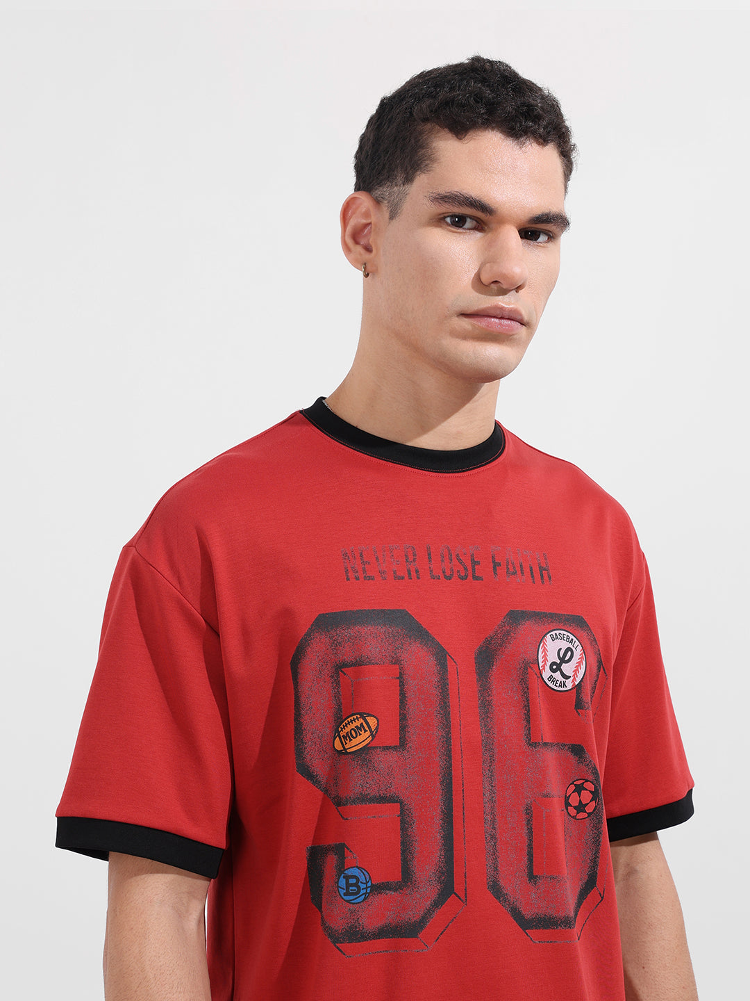 Men's Red Relaxed Fit Graphic Printed 240 GSM Sport Wear T-Shirt