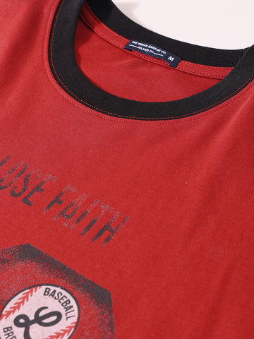 Men's Red Relaxed Fit Graphic Printed 240 GSM Sport Wear T-Shirt