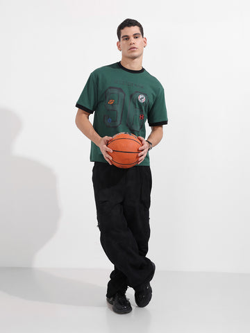 Men's Green Relaxed Fit Graphic Printed 240 GSM Sport Wear T-Shirt