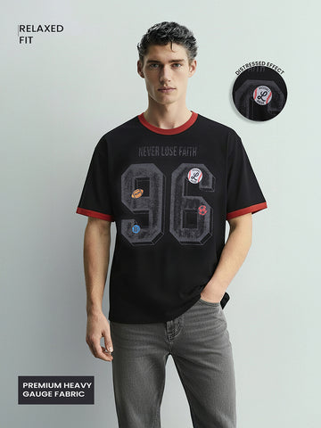 Men's Black Relaxed Fit Graphic Printed 240 GSM Sport Wear T-Shirt