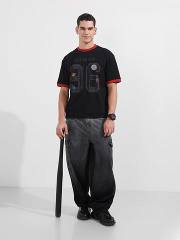 Men's Black Relaxed Fit Graphic Printed 240 GSM Sport Wear T-Shirt