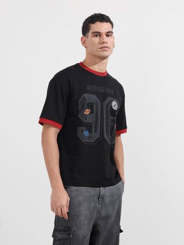 Men's Black Relaxed Fit Graphic Printed 240 GSM Sport Wear T-Shirt