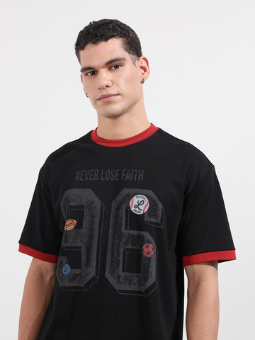 Men's Black Relaxed Fit Graphic Printed 240 GSM Sport Wear T-Shirt