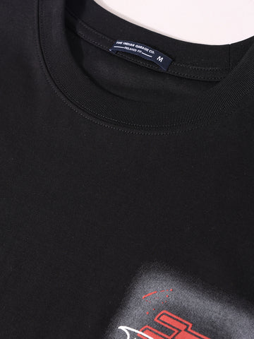 Men's Black Relaxed Fit Graphic Printed 240 GSM Sport Wear T-Shirt