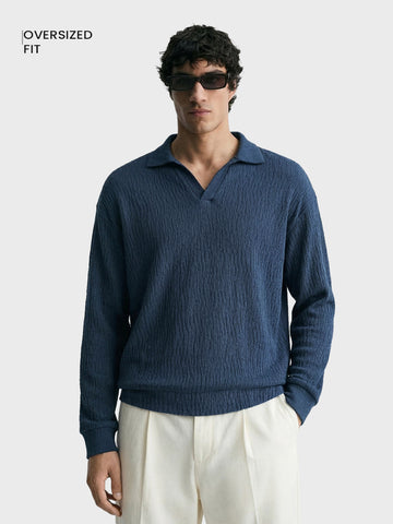 Men's Navy Blue Oversized Fit Textured Casual T-Shirts
