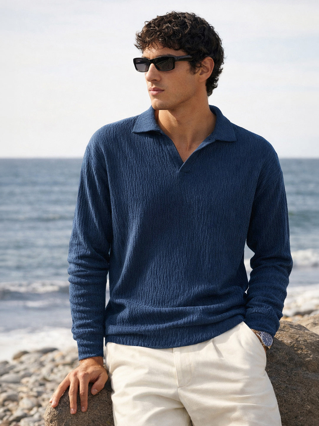 Men's Navy Blue Oversized Fit Textured Casual T-Shirts