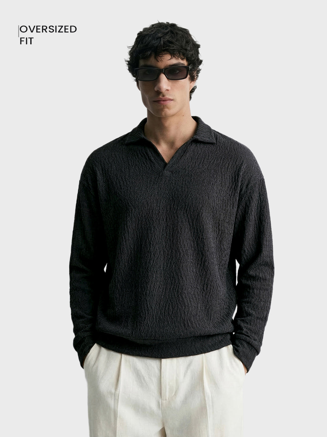 Men's Black Oversized Fit Textured Casual T-Shirts