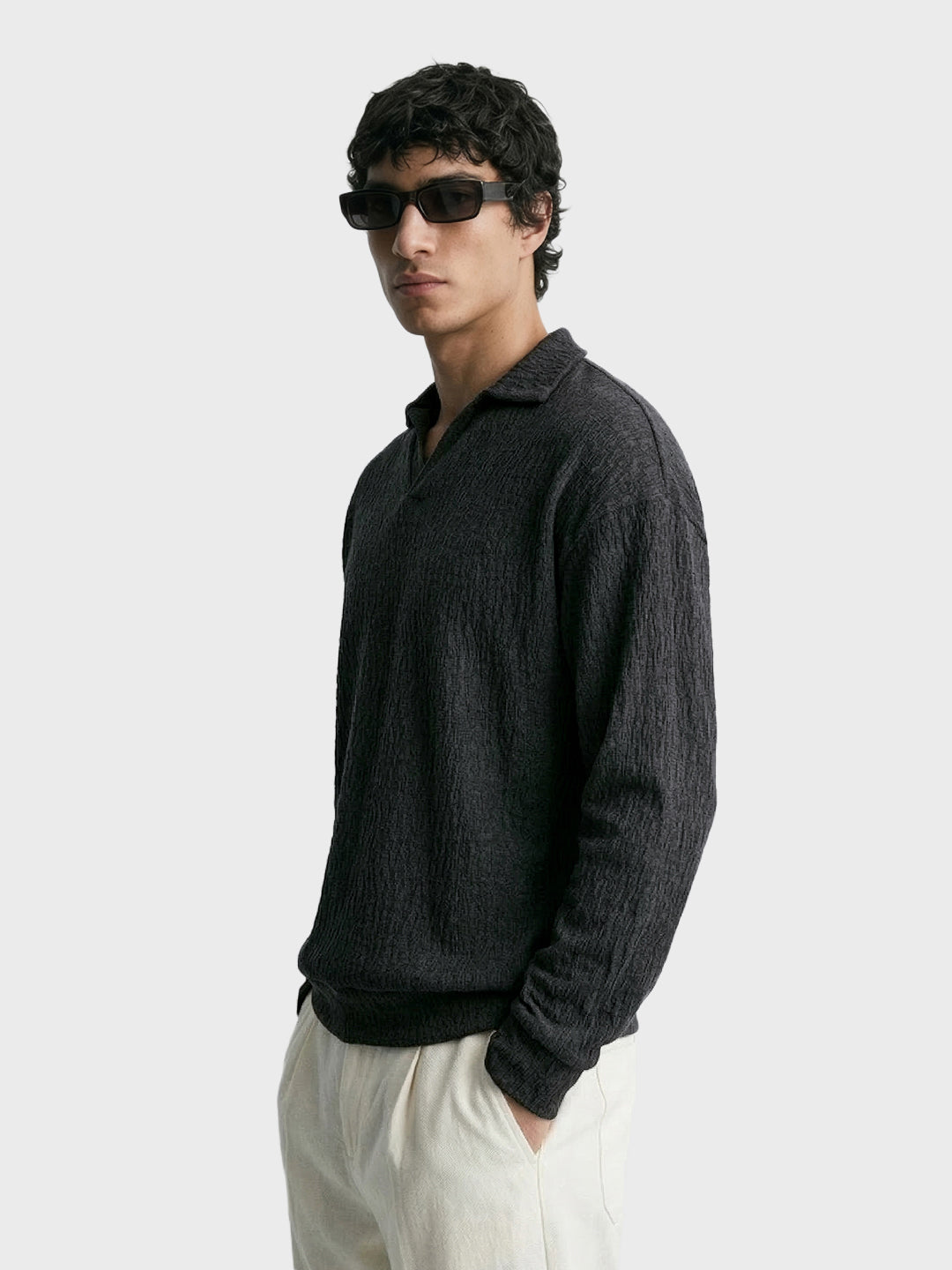 Men's Black Oversized Fit Textured Casual T-Shirts