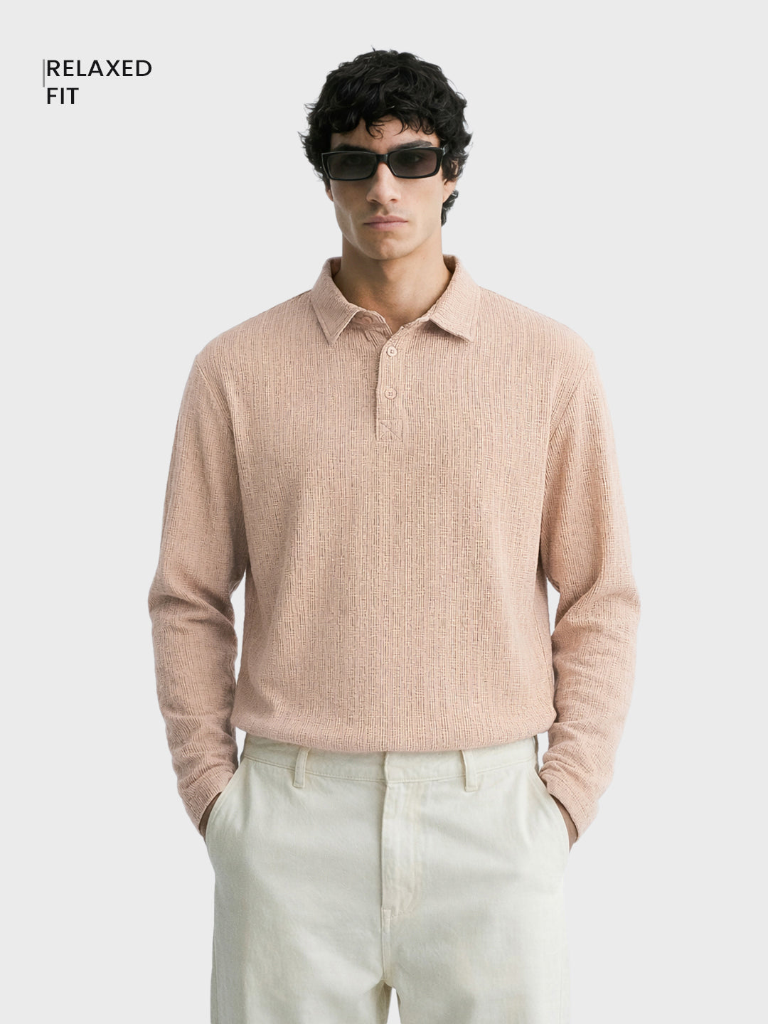 Men's Khaki Relaxed Fit Textured Casual T-Shirts