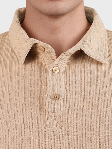 Men's Khaki Relaxed Fit Textured Casual T-Shirts