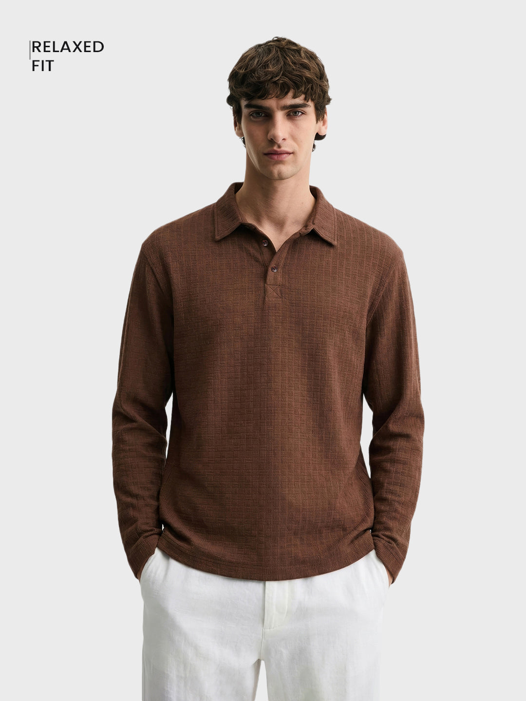 Men's Brown Relaxed Fit Textured Casual T-Shirts