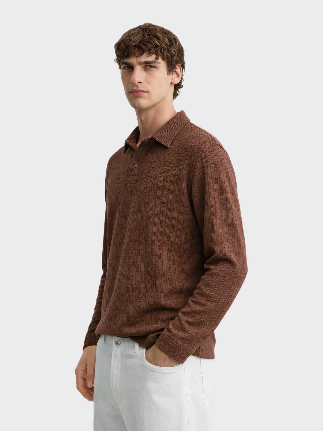 Men's Brown Relaxed Fit Textured Casual T-Shirts