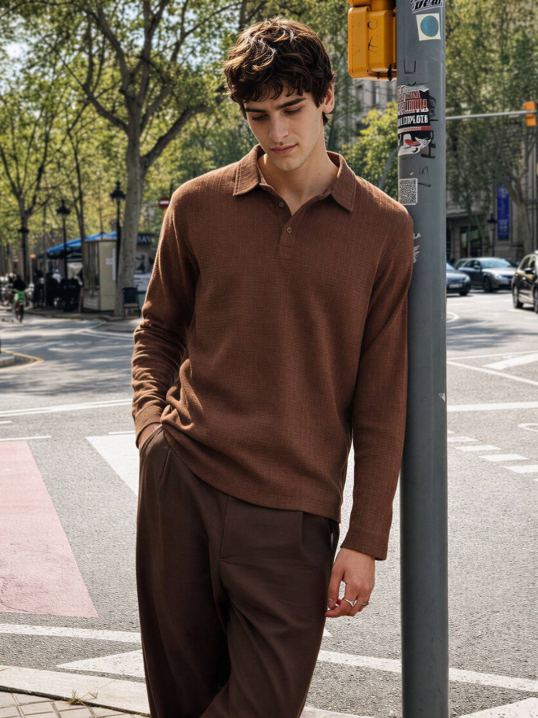 Men's Brown Relaxed Fit Textured Casual T-Shirts