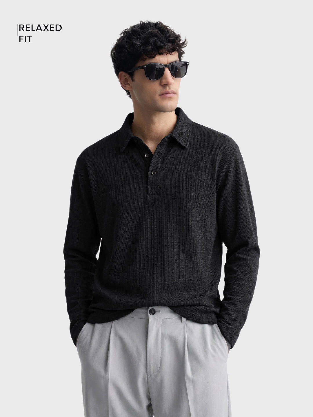 Men's Black Relaxed Fit Textured Casual T-Shirts