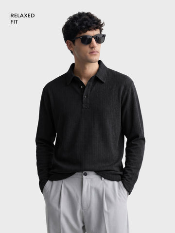 Men's Black Relaxed Fit Textured Casual T-Shirts