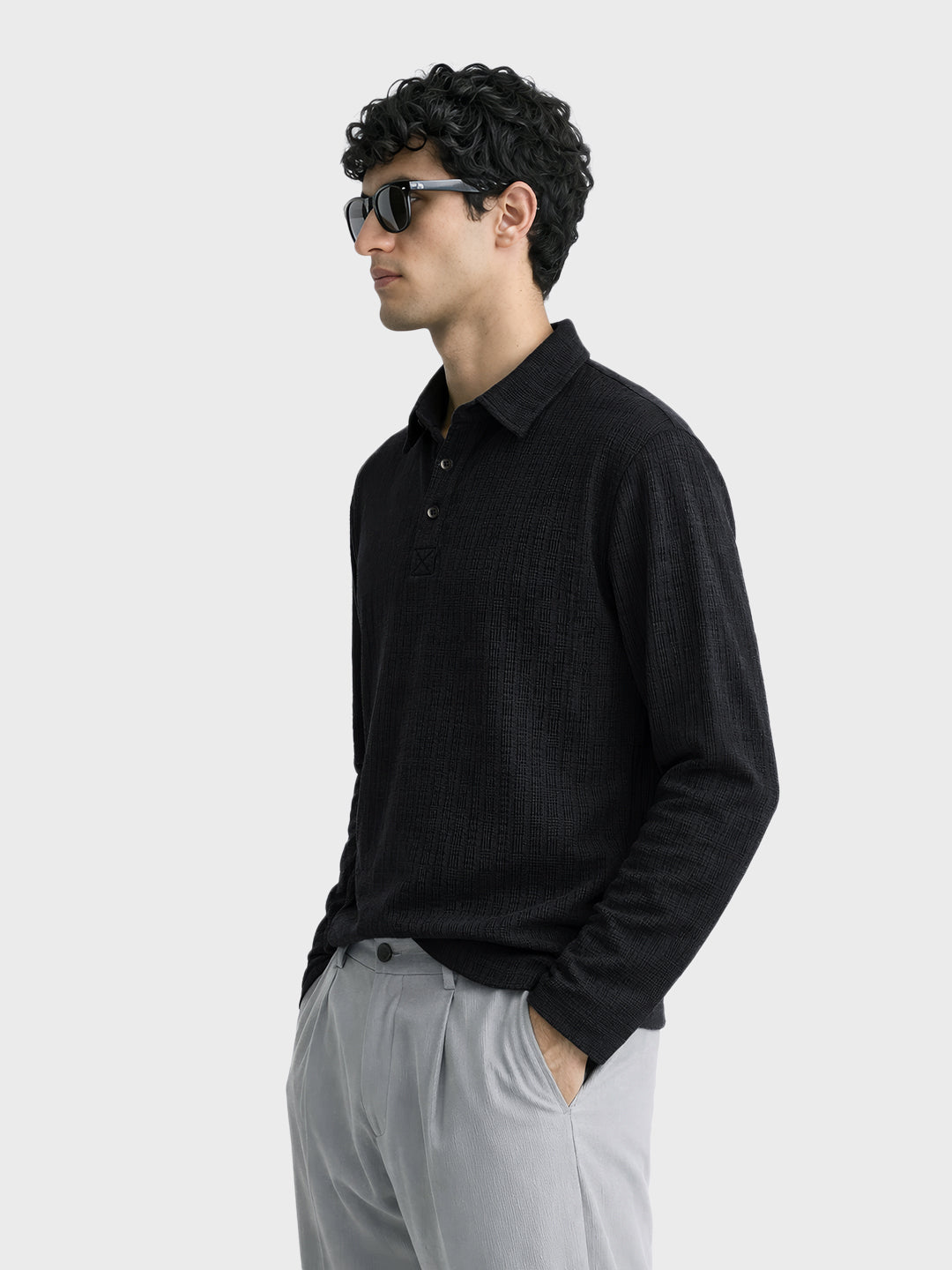 Men's Black Relaxed Fit Textured Casual T-Shirts