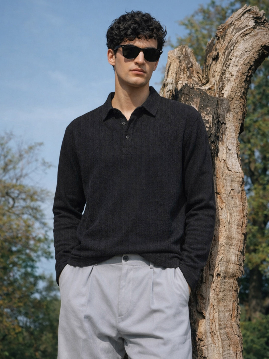 Men's Black Relaxed Fit Textured Casual T-Shirts