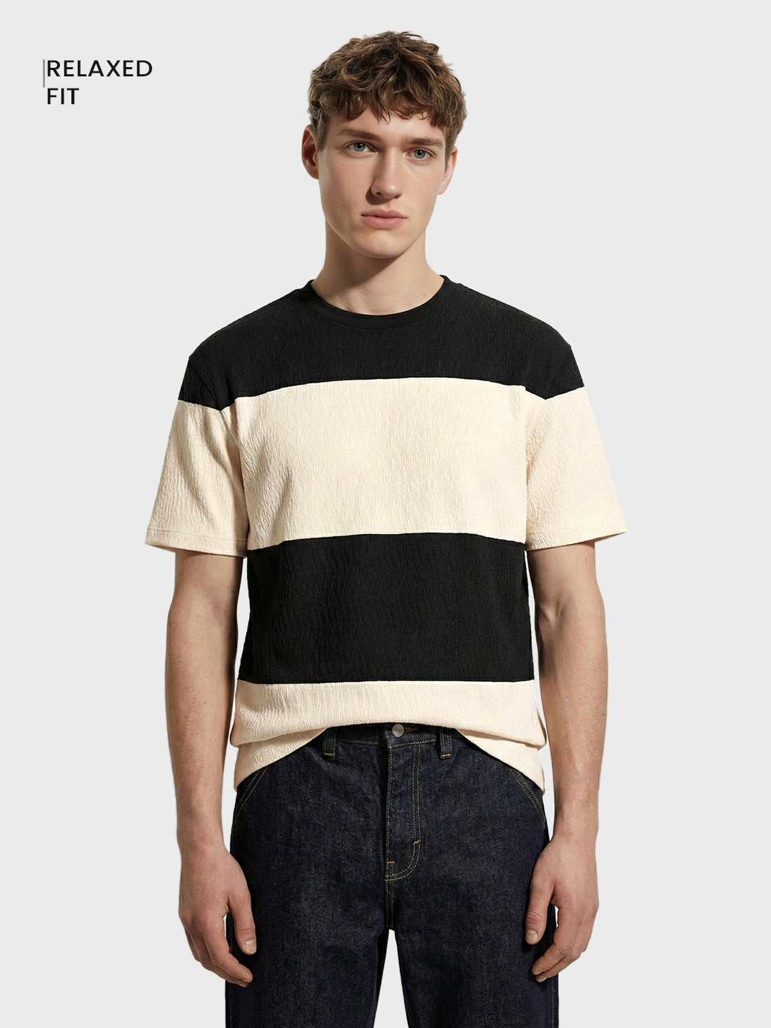 Men's Black Relaxed Fit Textured Casual T-Shirts
