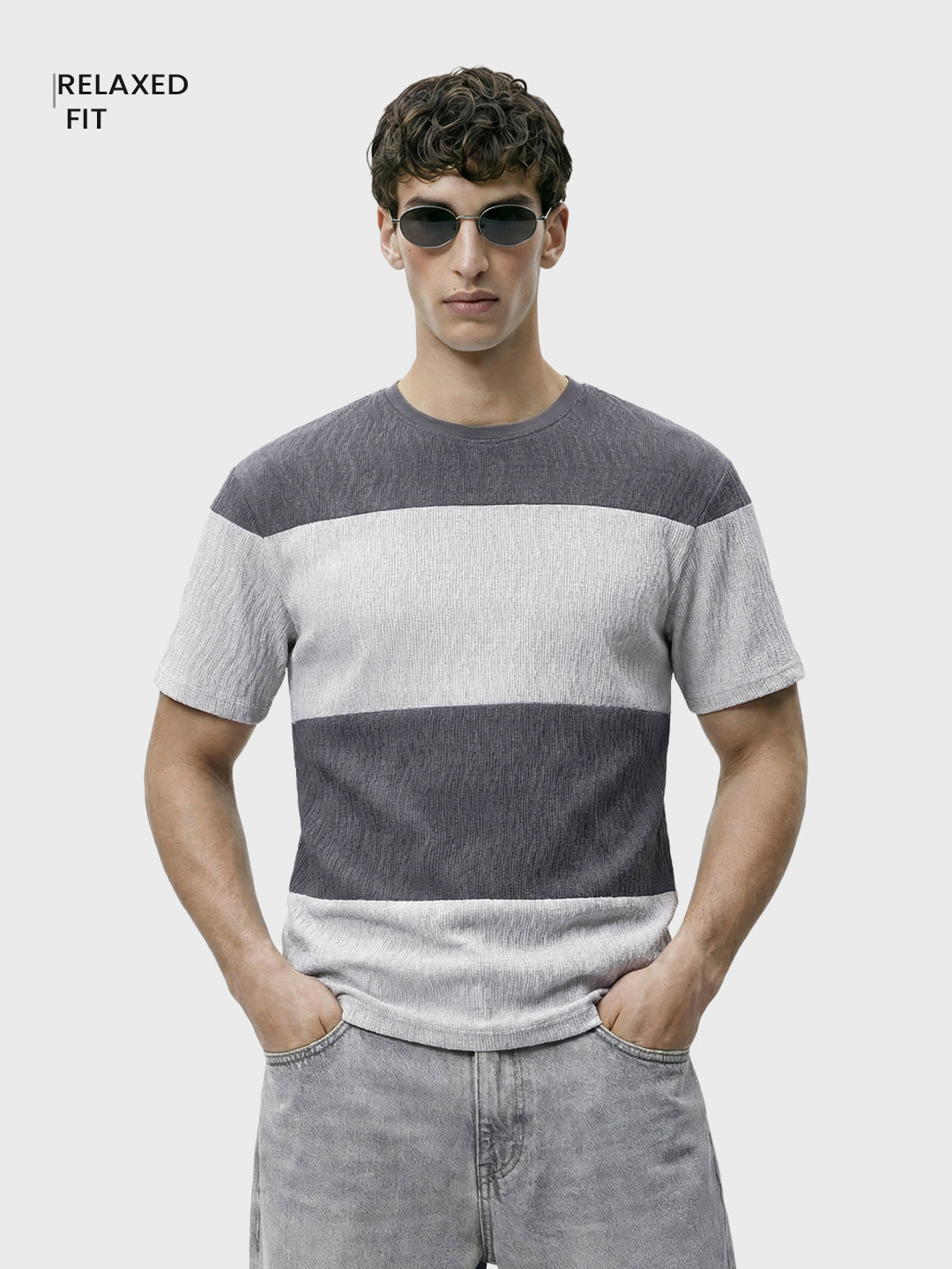 Men's Grey Relaxed Fit Textured Casual T-Shirts