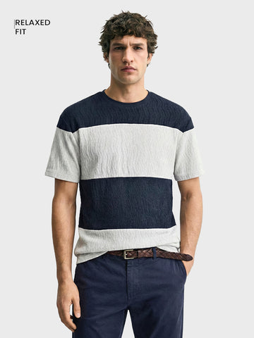 Men's Blue Relaxed Fit Textured Casual T-Shirts