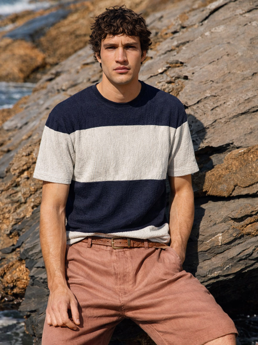 Men's Blue Relaxed Fit Textured Casual T-Shirts