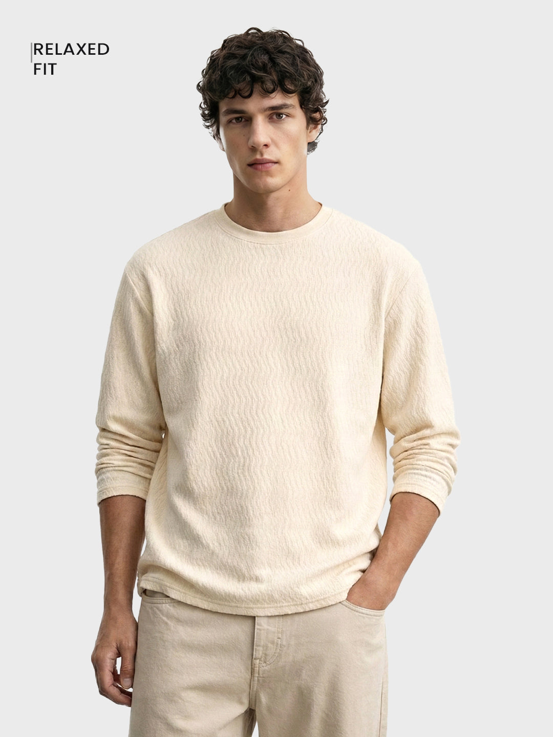 Men's Cream Relaxed Fit Textured Casual T-Shirts