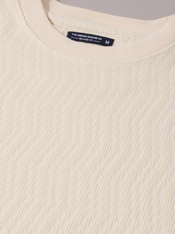 Men's Cream Relaxed Fit Textured Casual T-Shirts