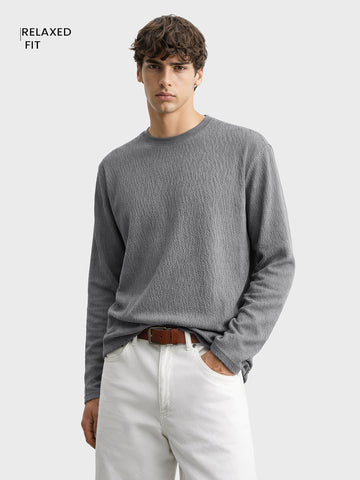 Men's Grey Relaxed Fit Textured Casual T-Shirts