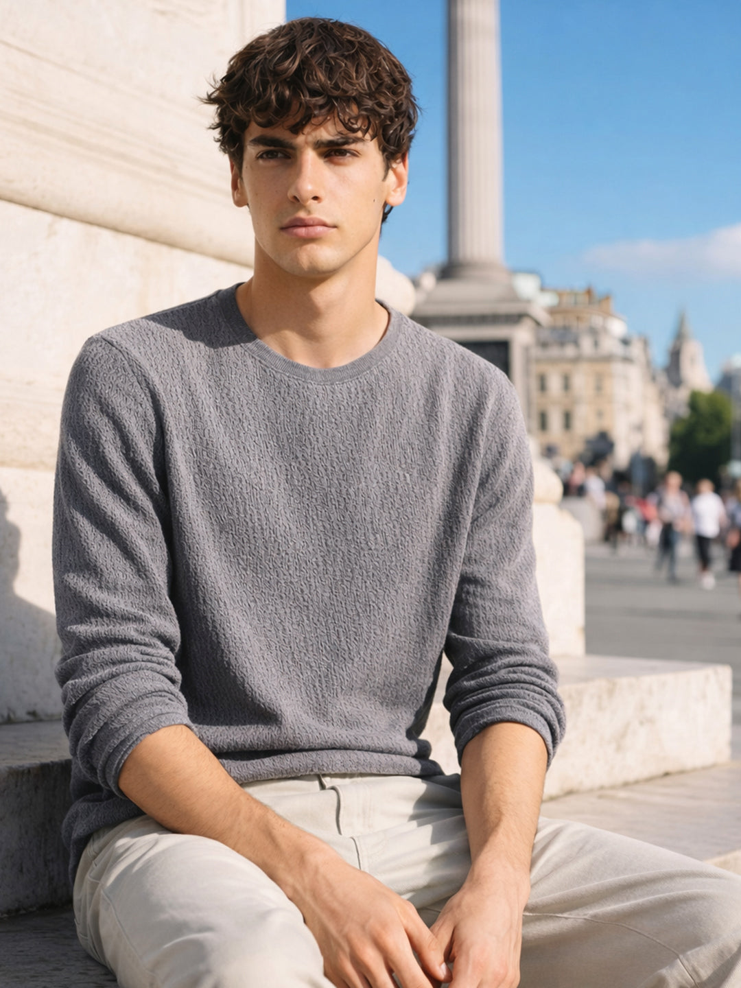 Men's Grey Relaxed Fit Textured Casual T-Shirts