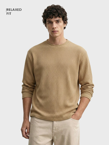 Men's Brown Relaxed Fit Textured Casual T-Shirts