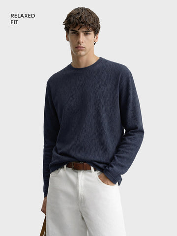 Men's Navy Blue Relaxed Fit Textured Casual T-Shirts
