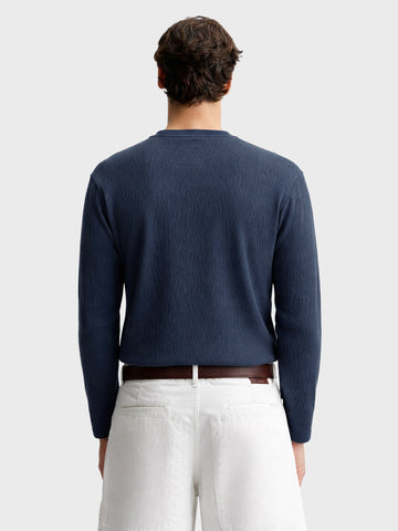 Men's Navy Blue Relaxed Fit Textured Casual T-Shirts