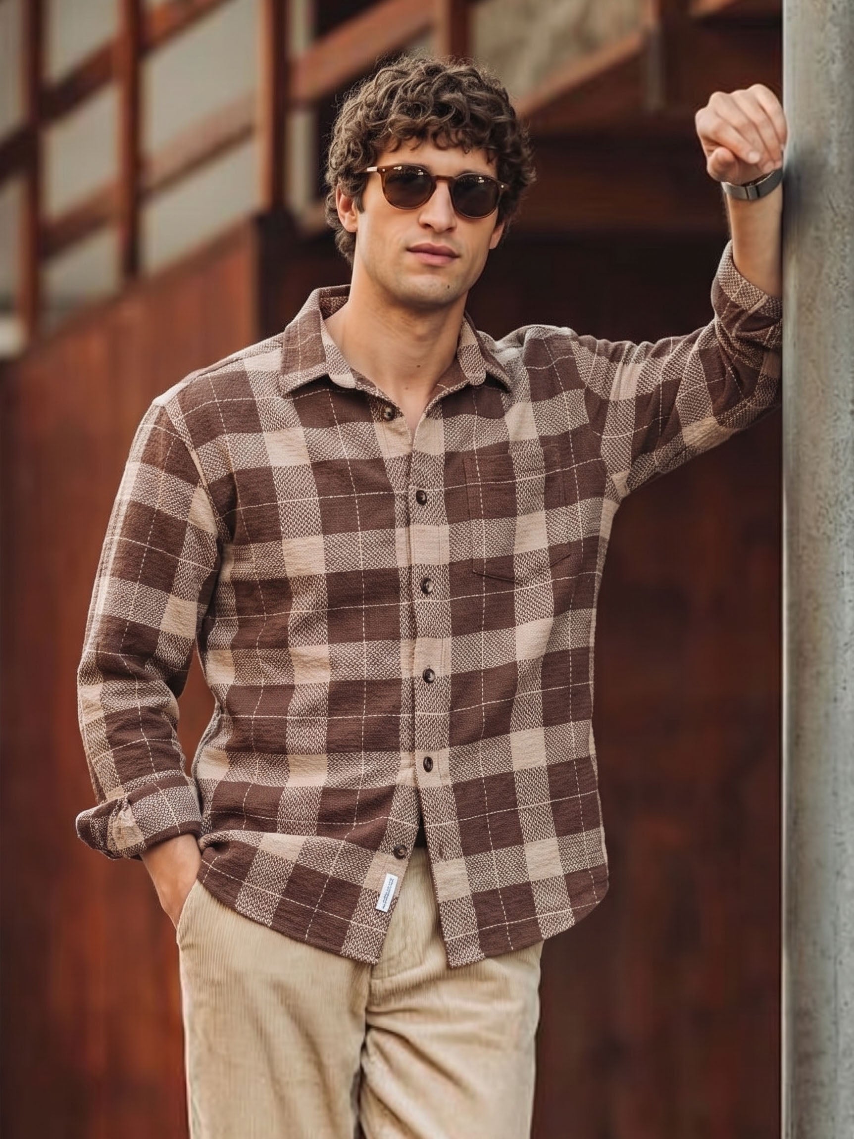 Men's Brown Relaxed Fit Checkered Casual Shirt