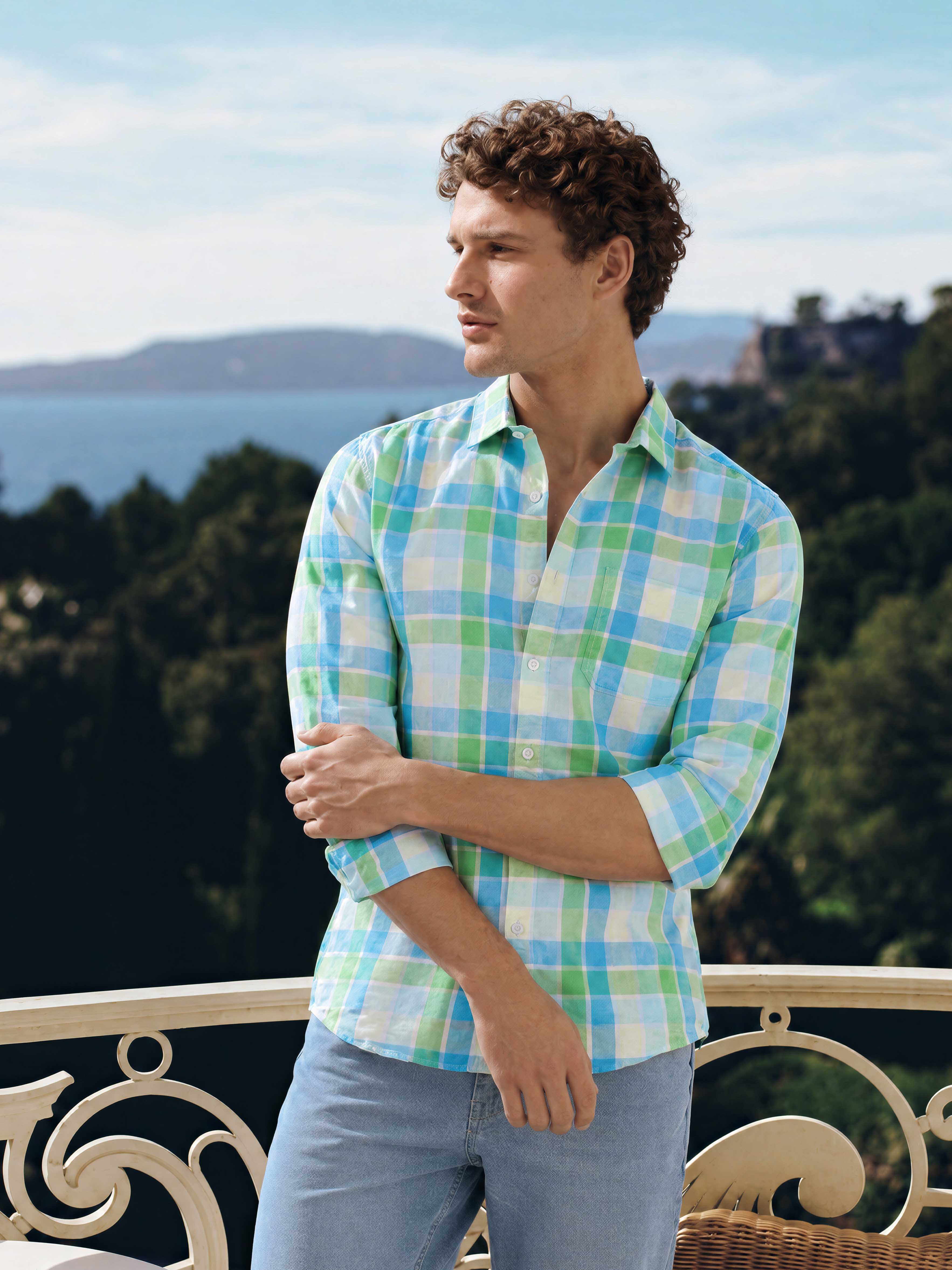 Men's Green Slim Fit Checkered Casual Shirt