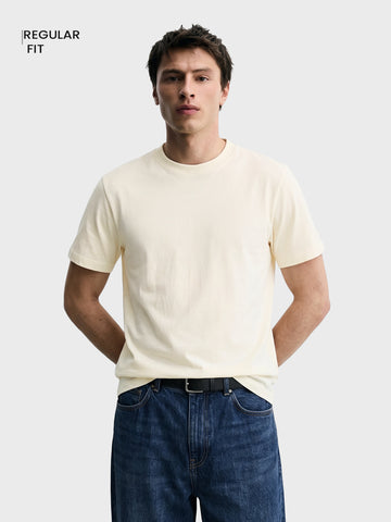 Men's Cream Regular Fit Solid Casual T-Shirt