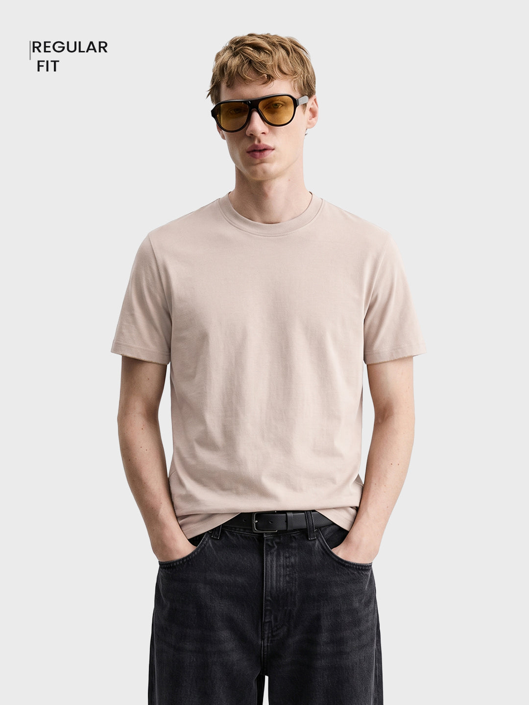Men's Beige Regular Fit Solid Casual T-Shirt