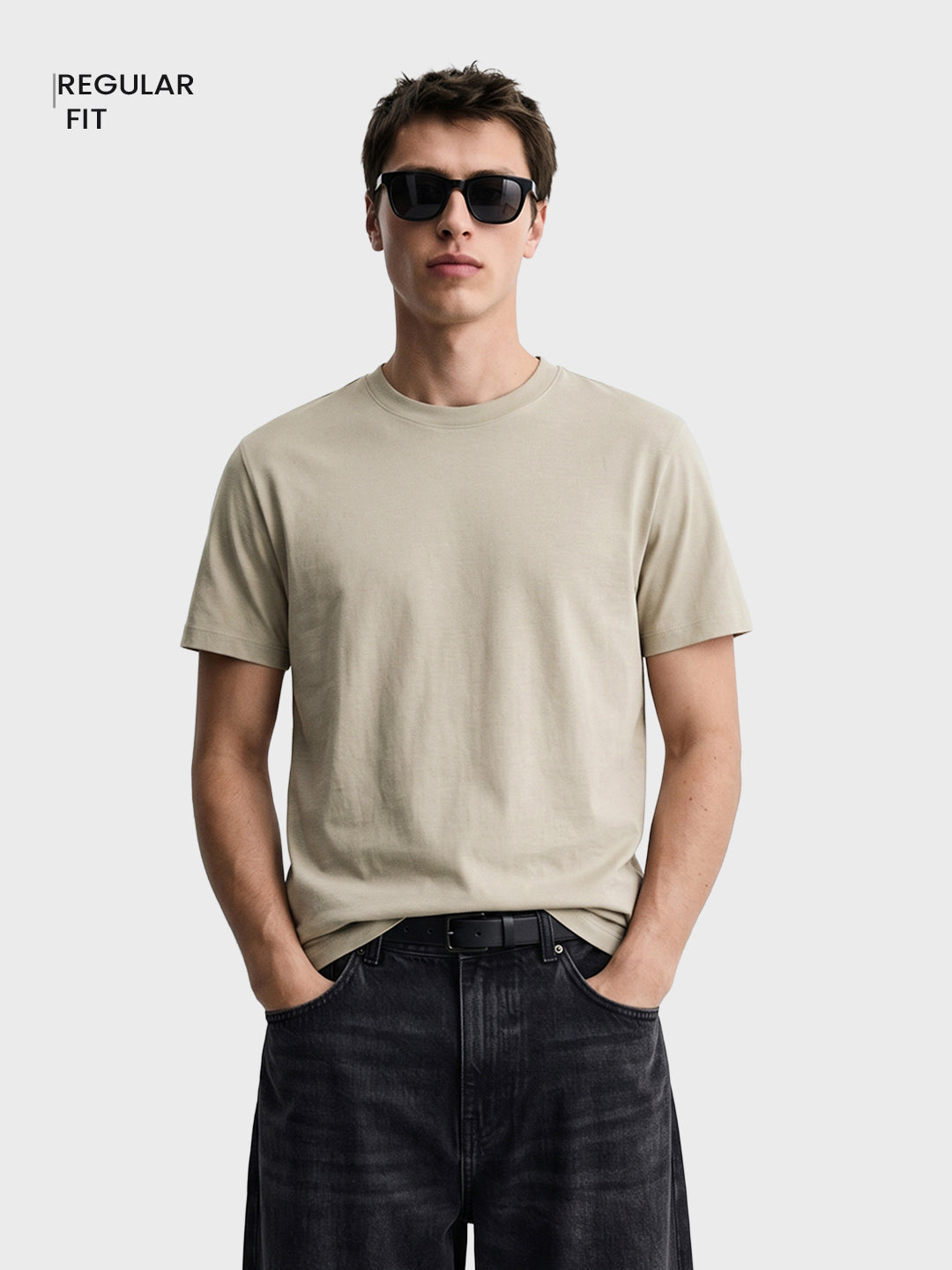 Men's Beige Regular Fit Solid Casual T-Shirt