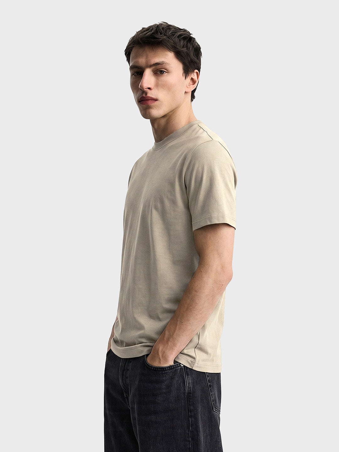 Men's Beige Regular Fit Solid Casual T-Shirt