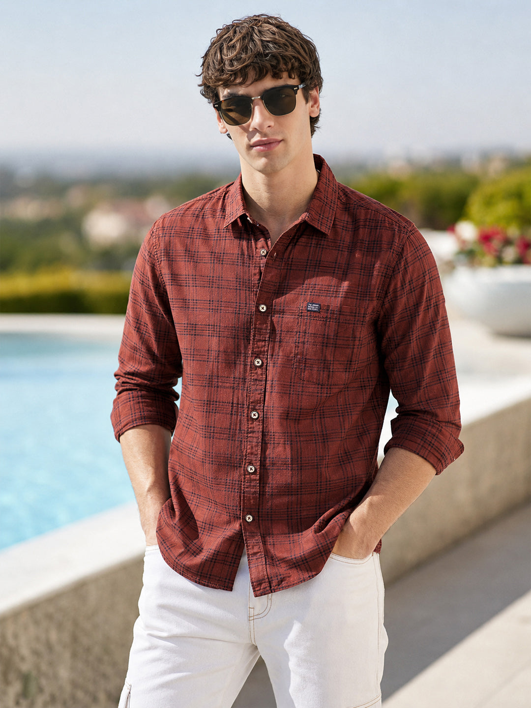 Men's Brown Slim Fit Checkered Casual Shirt