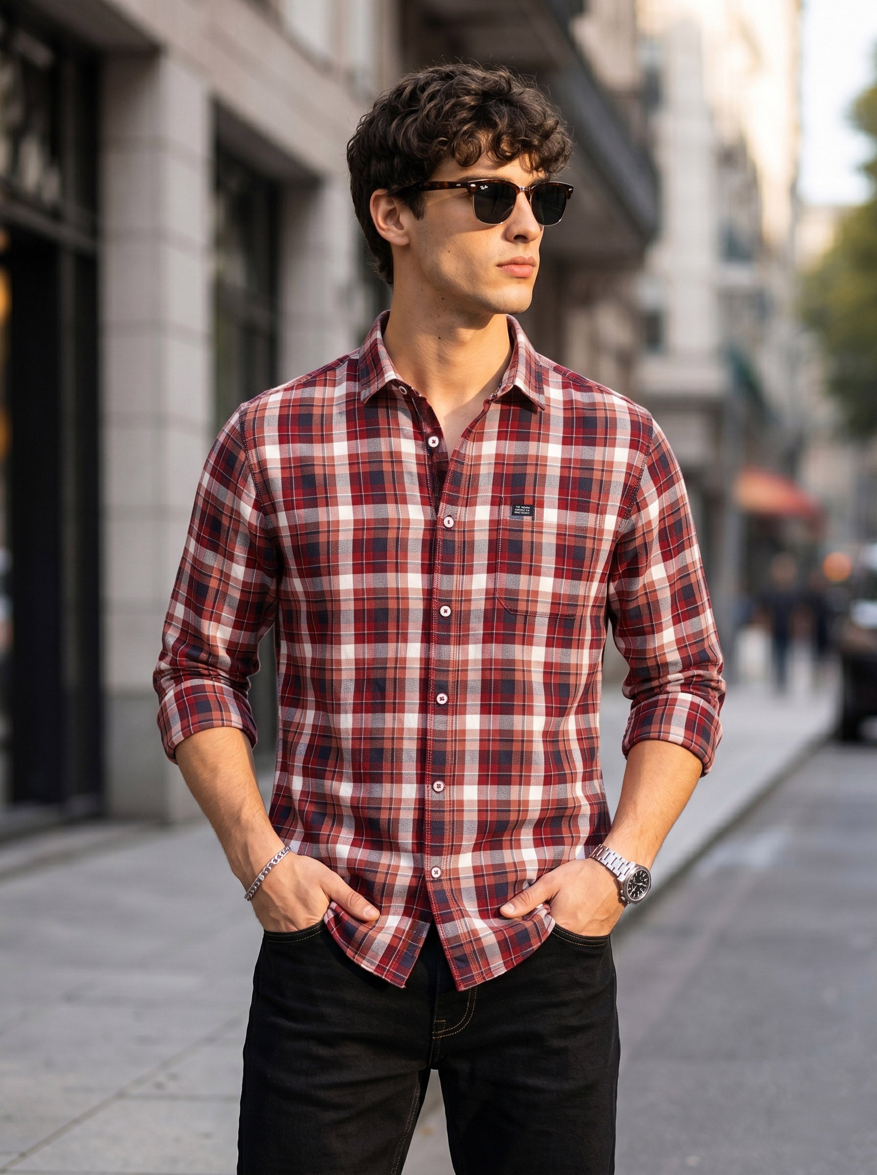 Men's Red Slim Fit Checkered Casual Shirt