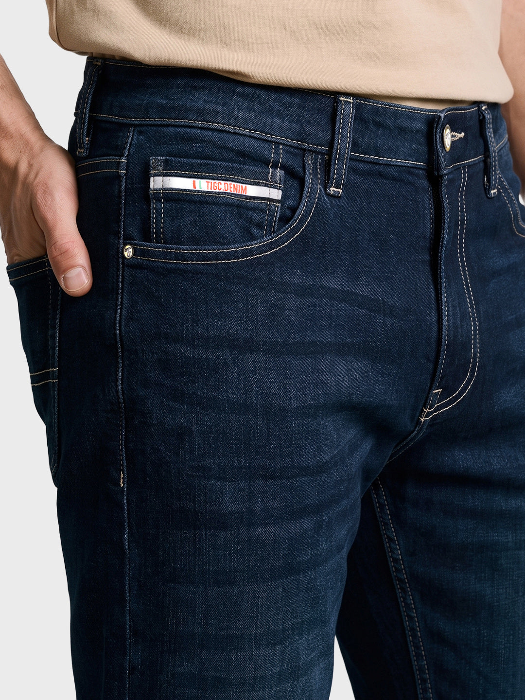 Men's Navy Blue Bootcut Fit Solid Casual Jeans