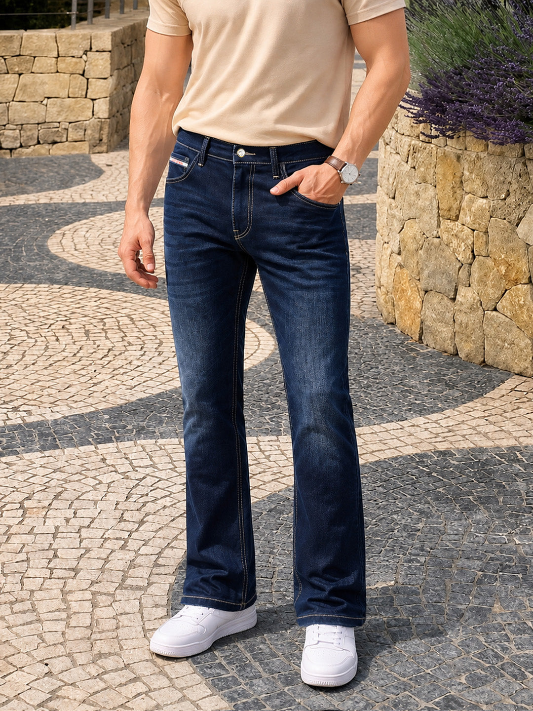 Men's Navy Blue Bootcut Fit Solid Casual Jeans